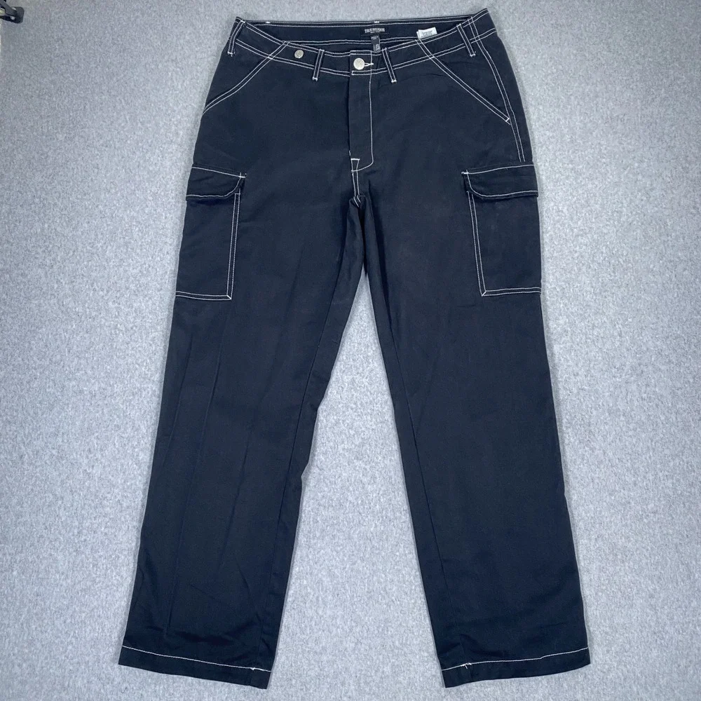 True Religion Cargo Pants Mens 36 Black White Contrast Stitch Horseshoe Logo